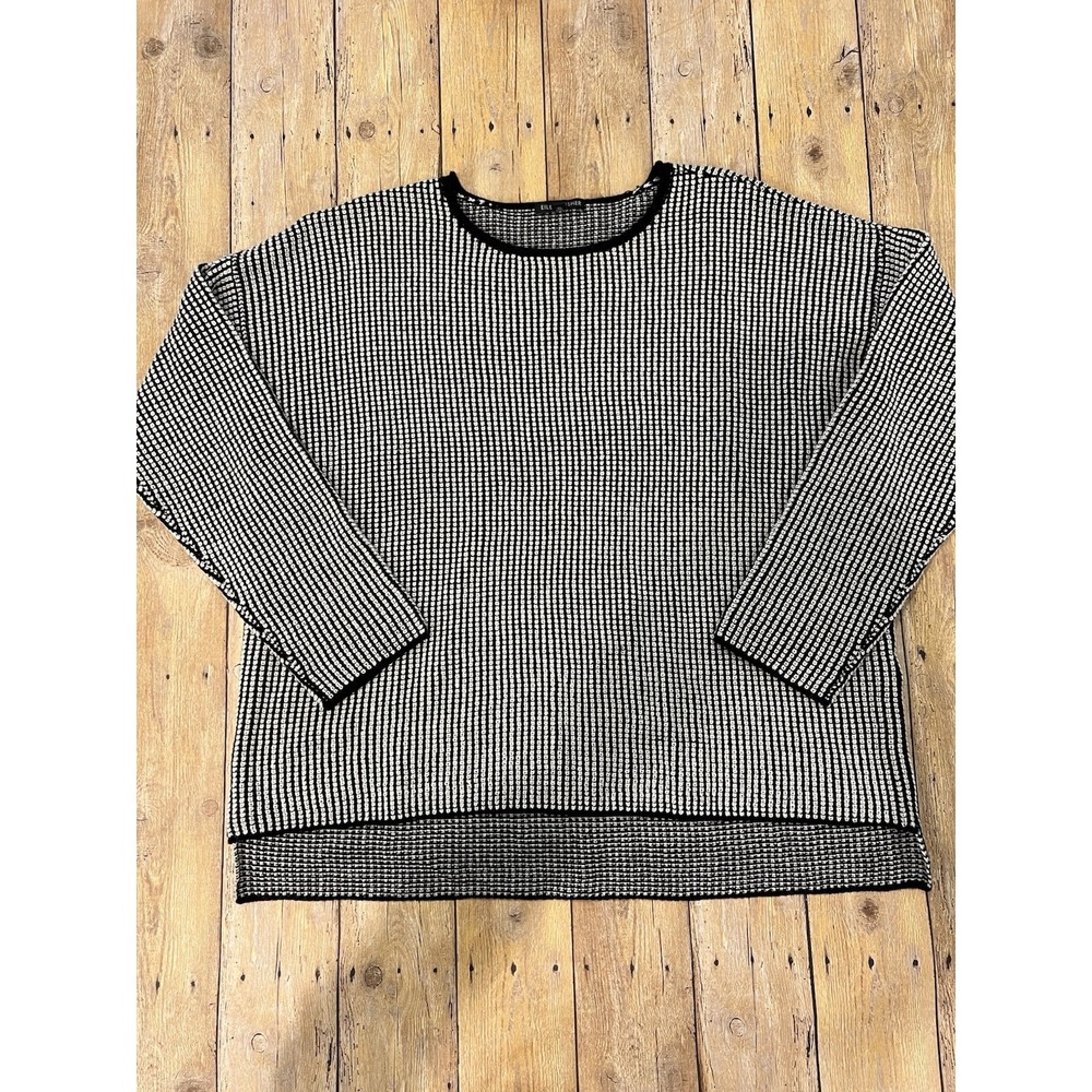 Eileen Fisher Women's Merino Wool Waffle Stitch Pullover Sweater Black/White szM